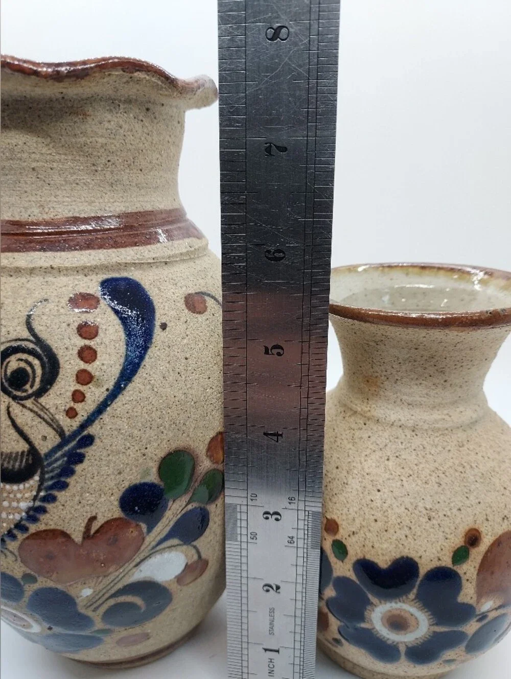 Vintage Tonala Sandstone Mexican Pottery Vases Flowers Floral Blue Brown (2)